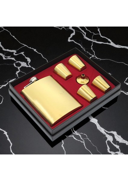 Altın Renkli Matara ve Shot Bardağı Hediye Seti (5 Parça) Vip