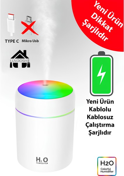 Yeni Şarjlı Type-C Beyaz Hava Nemlendirici Şarjlı Yeni Model,aroma Difizörü,koku Dagıtıcı,gecel Lambası