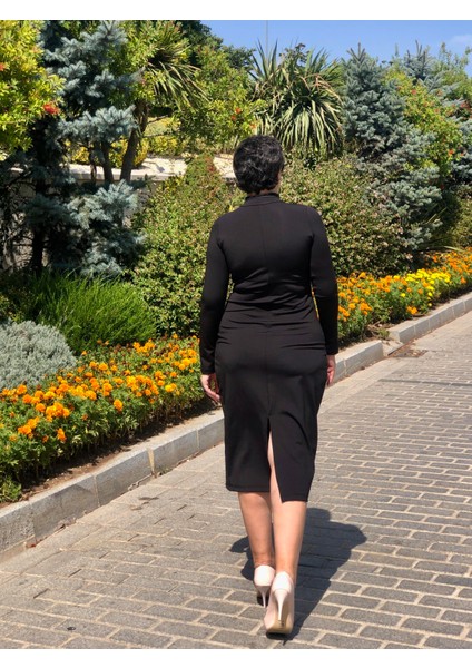 Balıkçı Yaka Uzun Kol Yırtmaçlı Midi Boy Elbise modelleri