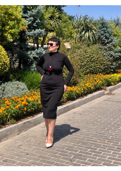 Balıkçı Yaka Uzun Kol Yırtmaçlı Midi Boy Elbise fırsatları