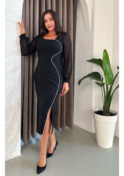 Kadın Büyük Beden Şifon Kol Dalga Su Yolu Taş Detaylı Yırtmaçlı Esnek Abiye Elbise 24910