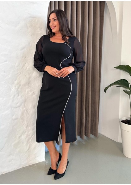 Kadın Büyük Beden Şifon Kol Dalga Su Yolu Taş Detaylı Yırtmaçlı Esnek Abiye Elbise 24910 fırsatları