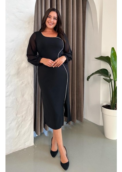 Kadın Büyük Beden Şifon Kol Dalga Su Yolu Taş Detaylı Yırtmaçlı Esnek Abiye Elbise 24910