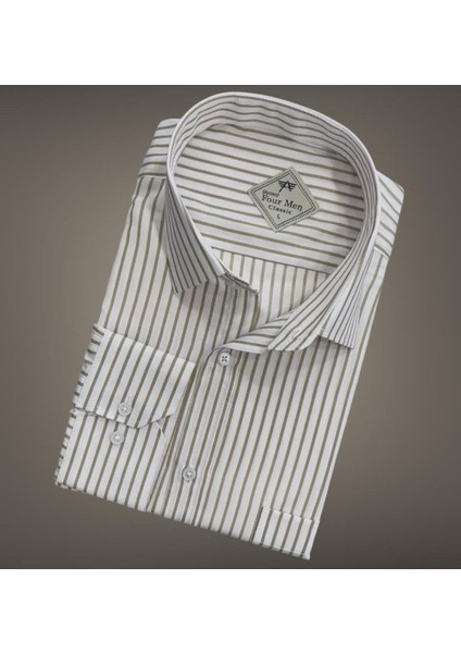 Erkek Klasik Geniş Rahat Kesim Cepli Çizgili Uzun Kollu Pamuk Gömlek
