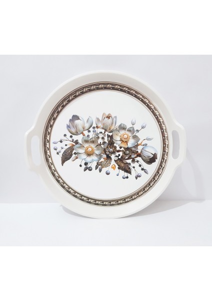 Çay Tepsi 32X32X4 cm Çiçek Desenli Yuvarlak Plastik Çay Kahve Tepsisi Servis Tepsi