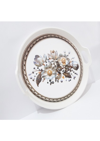 Çay Tepsi 32X32X4 cm Çiçek Desenli Yuvarlak Plastik Çay Kahve Tepsisi Servis Tepsi modelleri