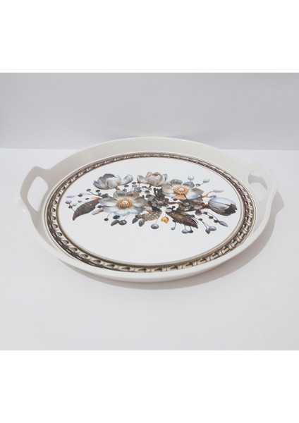 Çay Tepsi 32X32X4 cm Çiçek Desenli Yuvarlak Plastik Çay Kahve Tepsisi Servis Tepsi indirimleri