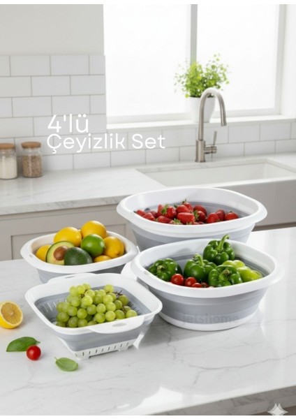 Çeyizlik 4’lü Katlanır Badya Leğen Süzgeç Seti – Akordiyon Tasarım, Yer Tasarrufu