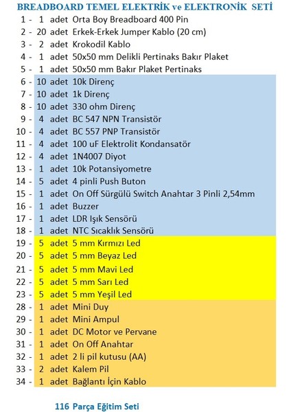 Breaboard Temel Elektrik ve Elektronik Eğitim Set (Lamba Motor ve Breadbord Set) fiyatları