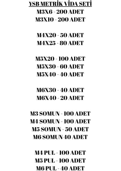 1551 Parça 17 Çeşit (M3,m4,m5,m6) Ysb Metrik Vida, Somun, Pul Seti, Mobilya Kulp Vidası modelleri