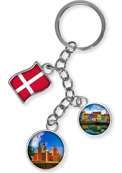 Danimarka Üçlü Epoksi Metal Çift Taraflı Damla Anahtarlık Denmark
