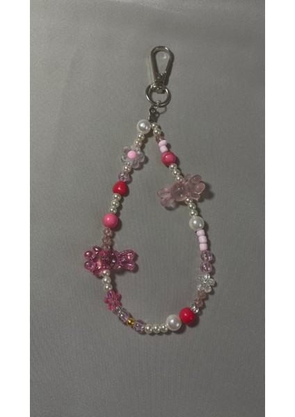 Pembe ve Beyaz Kelebekli Boncuklu Çanta Anahtarlığı