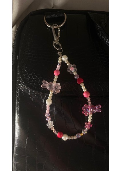 Pembe ve Beyaz Kelebekli Boncuklu Çanta Anahtarlığı fiyatları