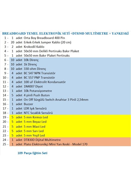 Breadboard Temel Elektronik Devre Seti +DT830D Multimetre + Plato Yankeski fiyatları