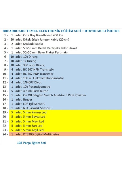 Breadboard Temel Elektronik Devre Eğitim Seti + DT830D Multimetre fiyatları