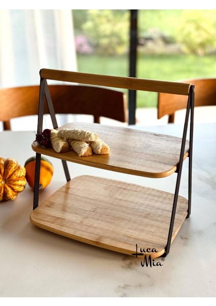 2 Katlı Siyah Metal Çerçeveli Bambu Sunumluk