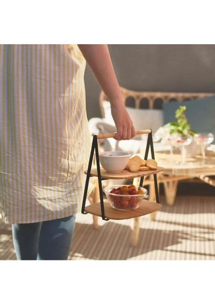 2 Katlı Siyah Metal Çerçeveli Bambu Sunumluk fiyatları