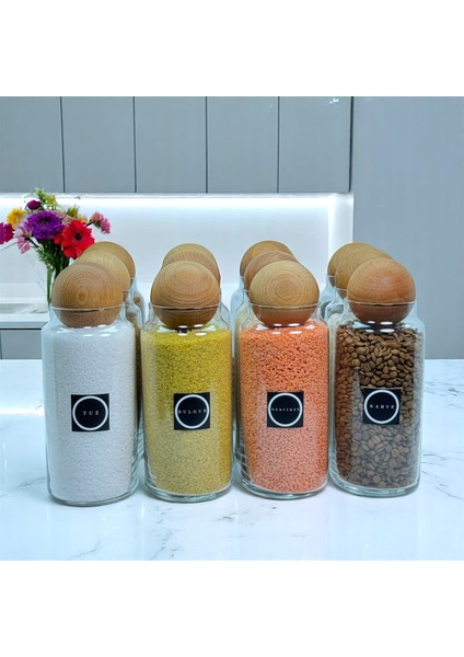 12'li Ahşap Top Kapaklı Cam Bakliyat ve Erzak Saklama Kavanoz Seti 1400 ml Bakliyat Etiketi Hediyeli