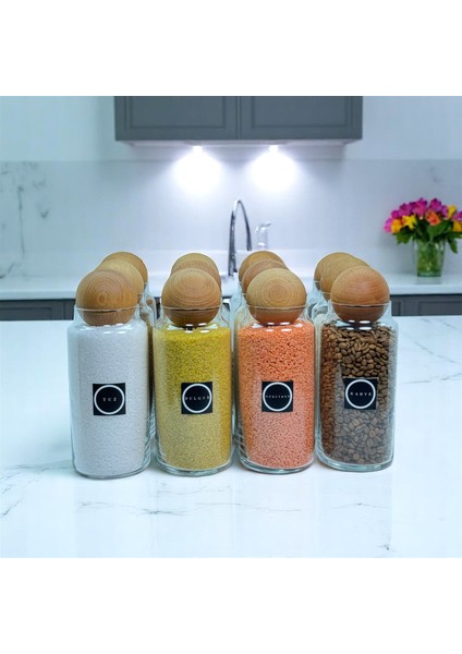 12'li Ahşap Top Kapaklı Cam Bakliyat ve Erzak Saklama Kavanoz Seti 1400 ml Bakliyat Etiketi Hediyeli fiyatları