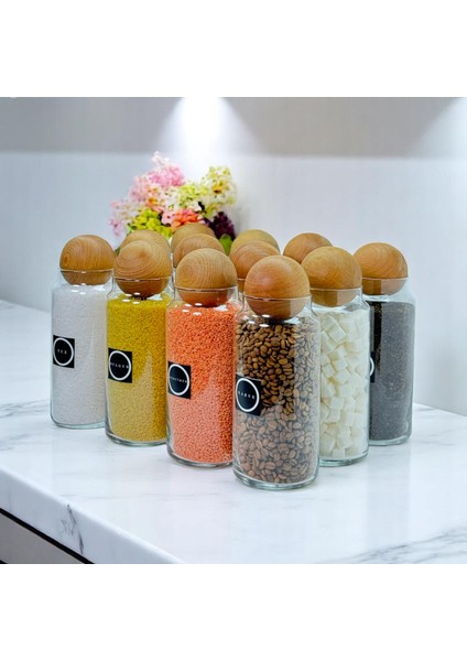 12'li Ahşap Top Kapaklı Cam Bakliyat ve Erzak Saklama Kavanoz Seti 1400 ml Bakliyat Etiketi Hediyeli modelleri