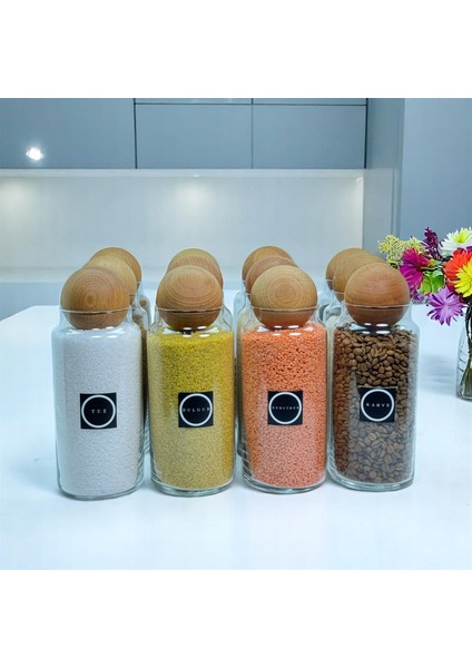 12'li Ahşap Top Kapaklı Cam Bakliyat ve Erzak Saklama Kavanoz Seti 1400 ml Bakliyat Etiketi Hediyeli fırsatları