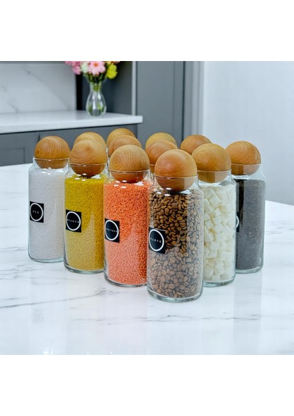 12'li Ahşap Top Kapaklı Cam Bakliyat ve Erzak Saklama Kavanoz Seti 1400 ml Bakliyat Etiketi Hediyeli