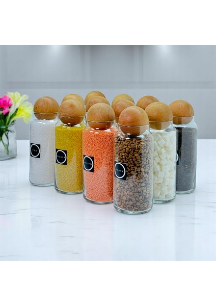 12'li Ahşap Top Kapaklı Cam Bakliyat ve Erzak Saklama Kavanoz Seti 1400 ml Bakliyat Etiketi Hediyeli