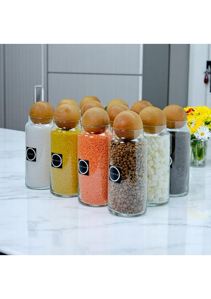 12'li Ahşap Top Kapaklı Cam Bakliyat ve Erzak Saklama Kavanoz Seti 1400 ml Bakliyat Etiketi Hediyeli