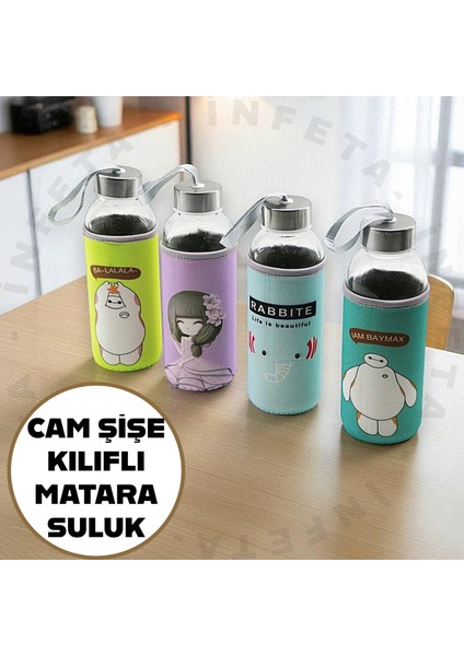 Sevimli Kılıflı Cam Matara Suluk 420 ml Su Şişesi 1 Adet