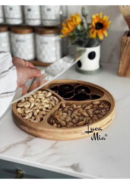 3 Bölmeli Kapaklı Bambu Çerezlik ve Kahvaltılık 25CM