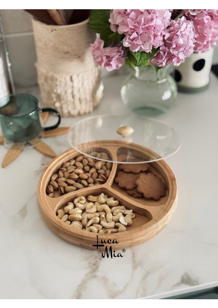 3 Bölmeli Kapaklı Bambu Çerezlik ve Kahvaltılık 25CM fiyatları