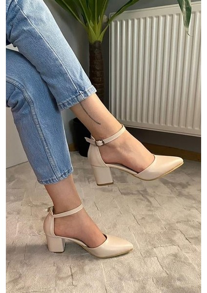 Kadın Krem Cilt 6 cm Topuklu Bilekten Bağlamalı Yanları Acık Ayakkabı fiyatları