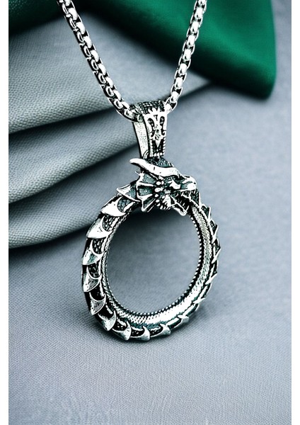 Gümüş Kaplama Krom-Çelik K-127 Erkek Kolyesi Ouroboros Yokoluş ve Yeniden Varoluş Sembolü Ejderha