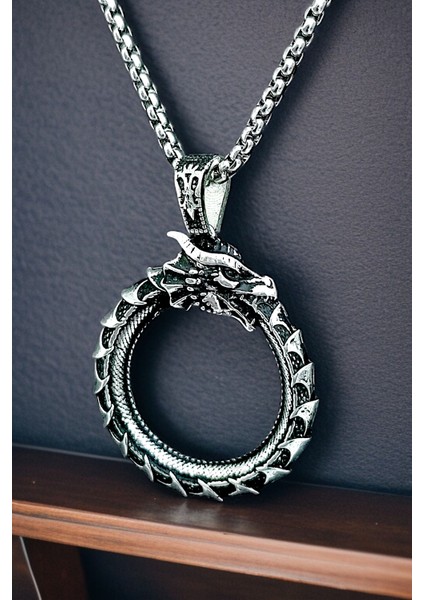 Gümüş Kaplama Krom-Çelik K-127 Erkek Kolyesi Ouroboros Yokoluş ve Yeniden Varoluş Sembolü Ejderha modelleri