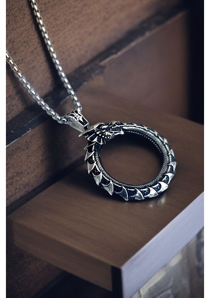 Gümüş Kaplama Krom-Çelik K-127 Erkek Kolyesi Ouroboros Yokoluş ve Yeniden Varoluş Sembolü Ejderha fırsatları