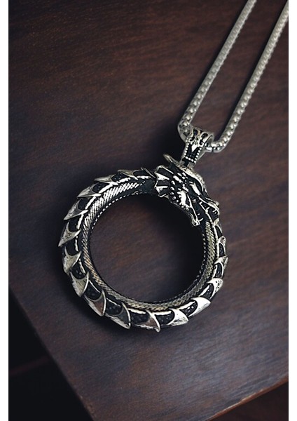 Gümüş Kaplama Krom-Çelik K-127 Erkek Kolyesi Ouroboros Yokoluş ve Yeniden Varoluş Sembolü Ejderha indirimleri