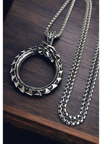 Gümüş Kaplama Krom-Çelik K-127 Erkek Kolyesi Ouroboros Yokoluş ve Yeniden Varoluş Sembolü Ejderha