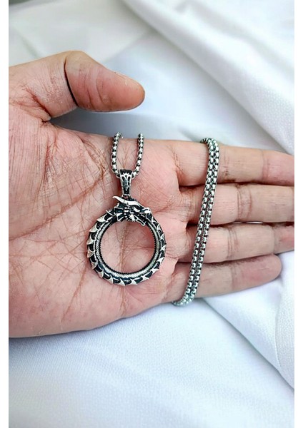 Gümüş Kaplama Krom-Çelik K-127 Erkek Kolyesi Ouroboros Yokoluş ve Yeniden Varoluş Sembolü Ejderha