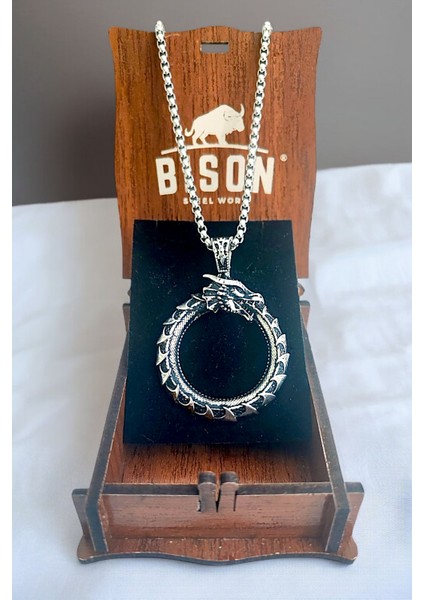 Gümüş Kaplama Krom-Çelik K-127 Erkek Kolyesi Ouroboros Yokoluş ve Yeniden Varoluş Sembolü Ejderha