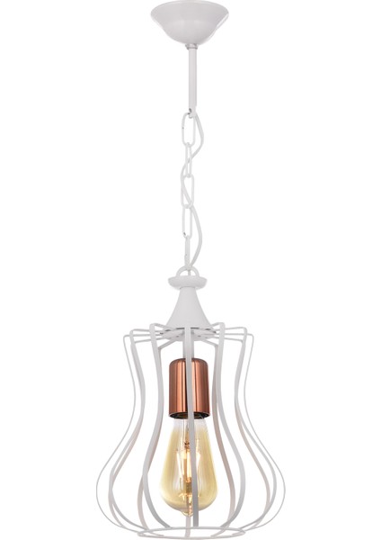 Deren Tekli Avize Beyaz – Bakır Huni Detaylı, Camsız Metal Gövde, E27 Duylu, Rustik Ampul Uyumlu