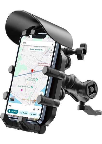 Ayna Bağlantılı Güneş ve Yağmur Korumalı 360° Derece Ayarlanabilir Motosiklet Telefon Tutucu