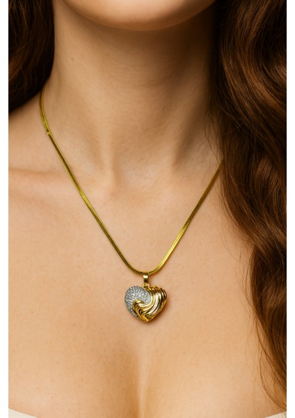 Altın Kaplama Çelik Kalp Figürlü Zirkon Taşlı Kolye