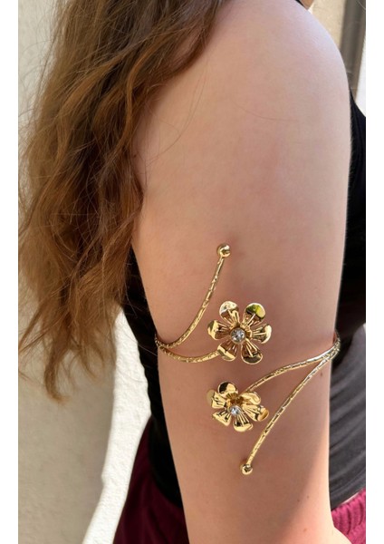 Gold Taşlı Çiçek Detaylı Paslanmaz Çelik Ayarlanabilir Kadın Pazu Bileklik Kol Kelepçesi Armcuff