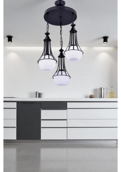 Huni 3’lü Avize Siyah – Modern Zincirli Sarkıt Avize, E27 Duy, Şık Metal Tasarım