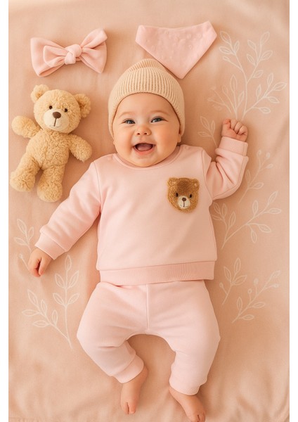 Bebek 0/1-0/3 Ay Ayıcık Nakışlı Hastane Çıkışı Yenidoğan Sweatshirt-Patiksiz Alt