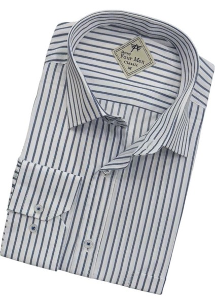 Erkek Klasik Geniş Rahat Kesim Cepli Çizgili Uzun Kollu Pamuk Gömlek