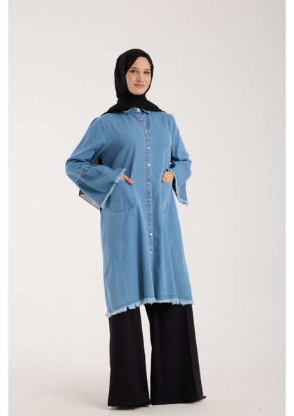 Kadın Tesettür Kot Tunik, Incili Kol Detaylı Düğmeli Uzun Denim Kap, Rahat ve Şık Günlük Moda fiyatları