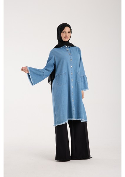 Kadın Tesettür Kot Tunik, Incili Kol Detaylı Düğmeli Uzun Denim Kap, Rahat ve Şık Günlük Moda modelleri