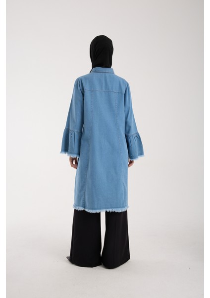 Kadın Tesettür Kot Tunik, Incili Kol Detaylı Düğmeli Uzun Denim Kap, Rahat ve Şık Günlük Moda indirimleri