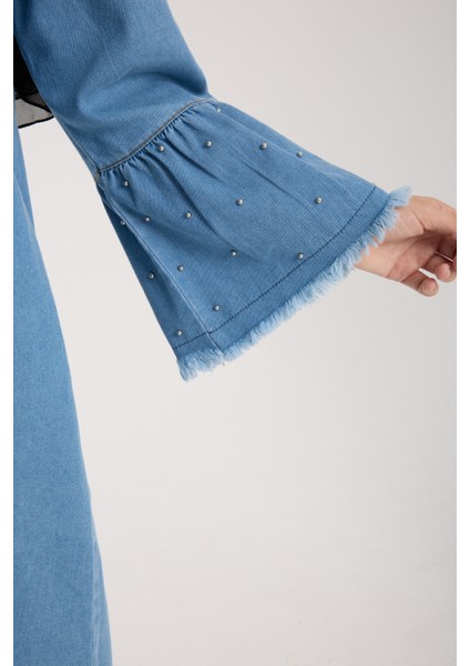 Kadın Tesettür Kot Tunik, Incili Kol Detaylı Düğmeli Uzun Denim Kap, Rahat ve Şık Günlük Moda
